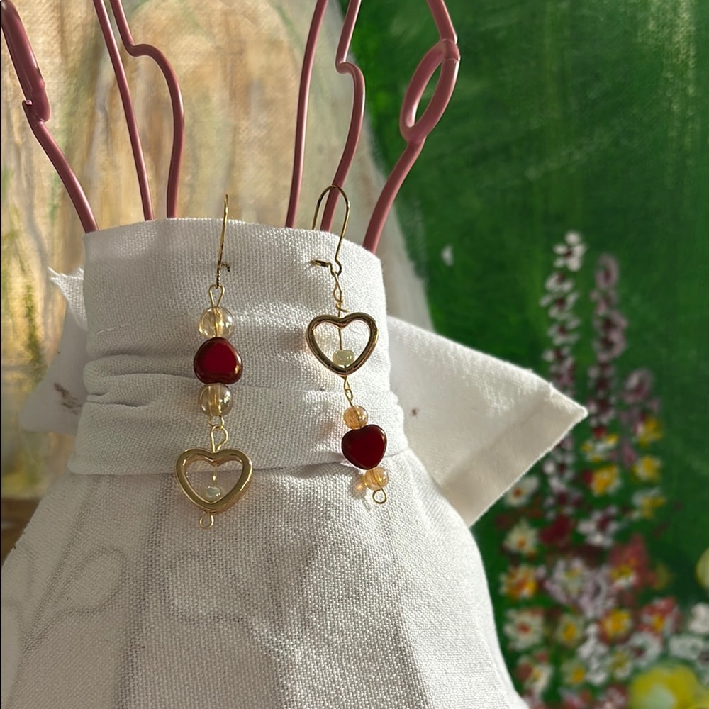 Gold Heart Drop Earrings with Red Accents